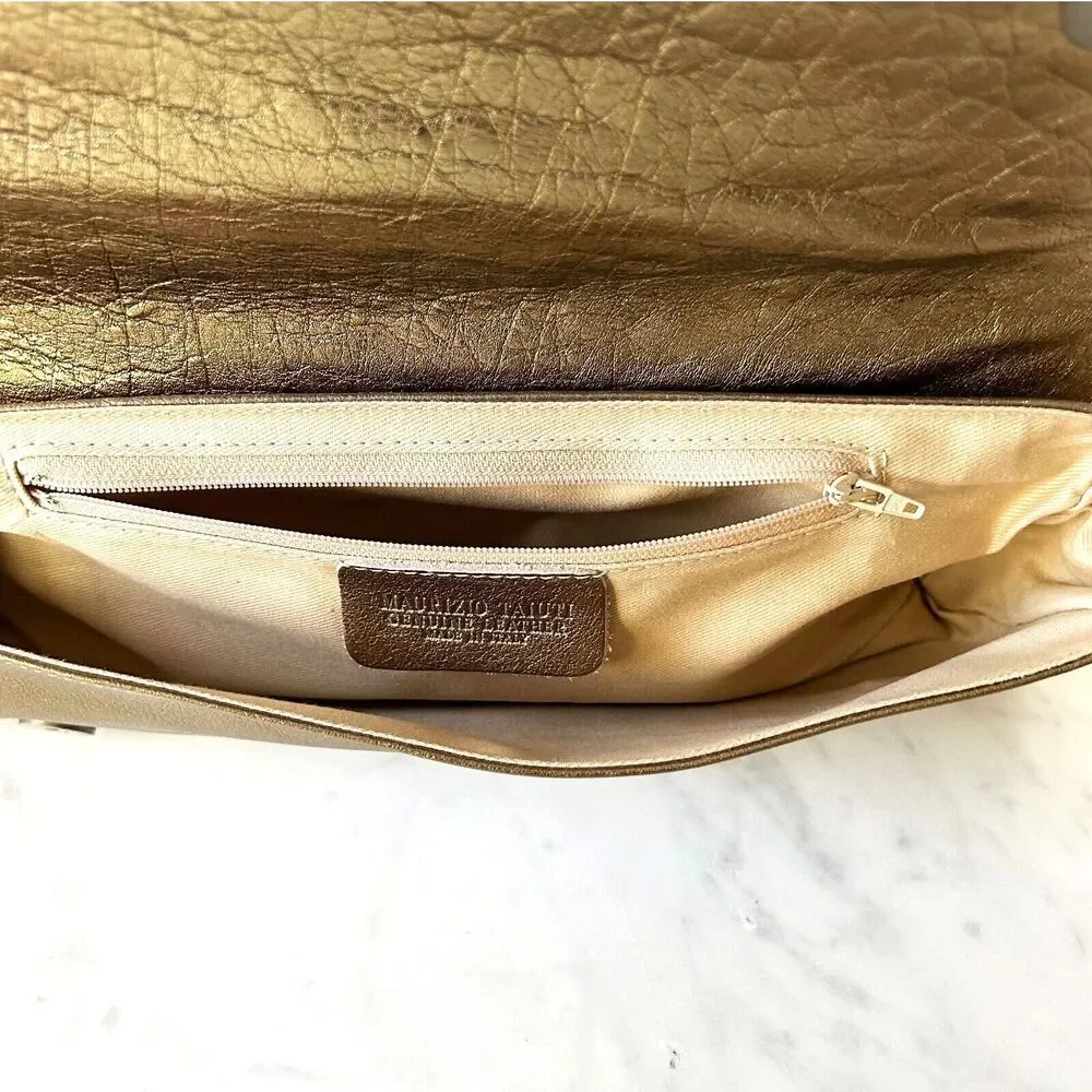 Maurizio Taiuti Italy Gold Leather Floral Clutch Wristlet Purse Made in Italy